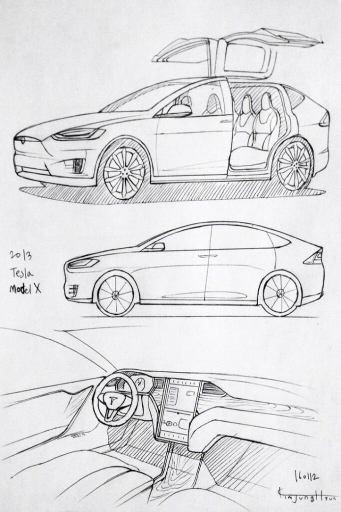Sketch of Tesla Model X showing side view and interior design with falcon-wing doors open, highlighting its sleek style.