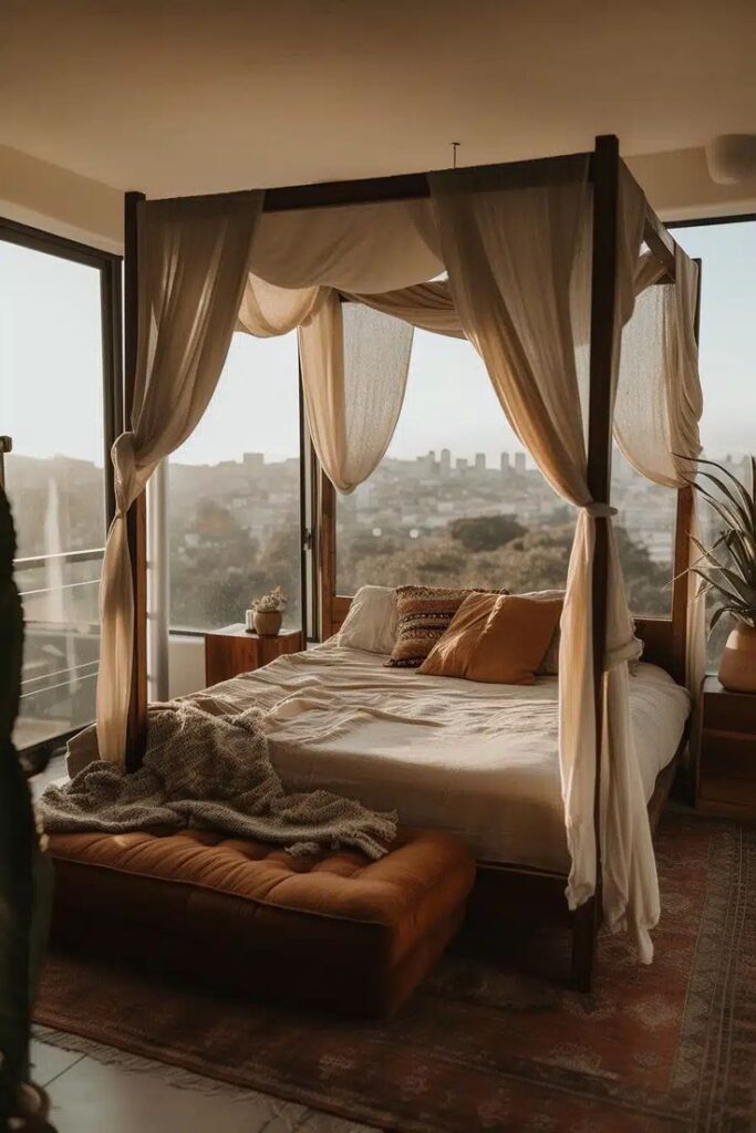 Cozy bedroom with a four-poster bed, plush pillows, and panoramic city view through large windows.