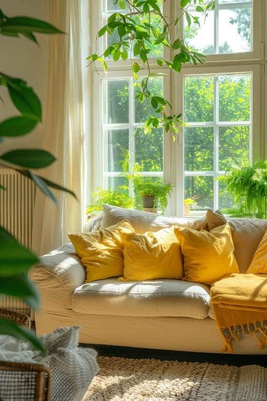 57 Summer Decor Ideas To Refresh Your Home This Season Cozy living room with yellow pillows, green plants, and sunlight through the window. | Sky Rye Design Cozy living room with yellow pillows, green plants, and sunlight through the window.