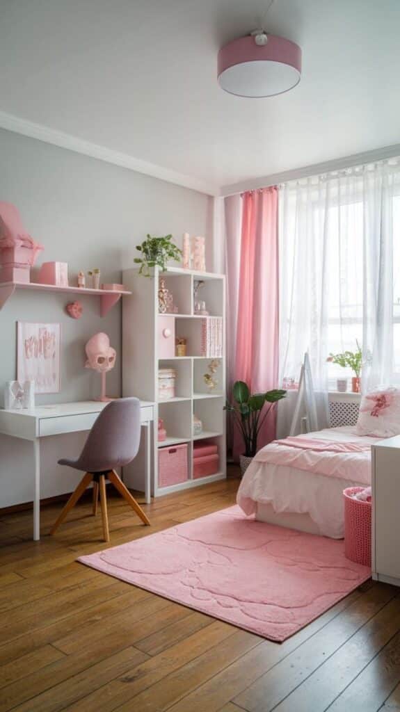 5756a1a1-6c30-48bb-9b20-707c85057802 Pink-themed bedroom with desk, chair, shelves, and bed, styled with pastel decor and a large window for natural light. | Sky Rye Design Pink-themed bedroom with desk, chair, shelves, and bed, styled with pastel decor and a large window for natural light.