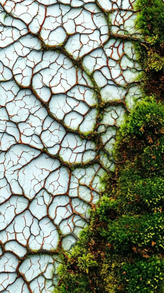 Cracked earth with green moss on the side, depicting nature's contrast and resilience.