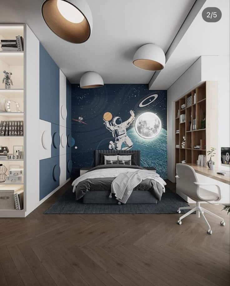 Kids' space-themed bedroom with astronaut wall mural, modern furniture, and stylish lighting.