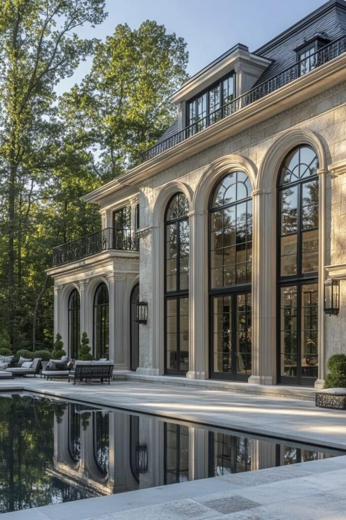 Elegant mansion with large arched windows reflecting on a serene pool, surrounded by lush greenery.