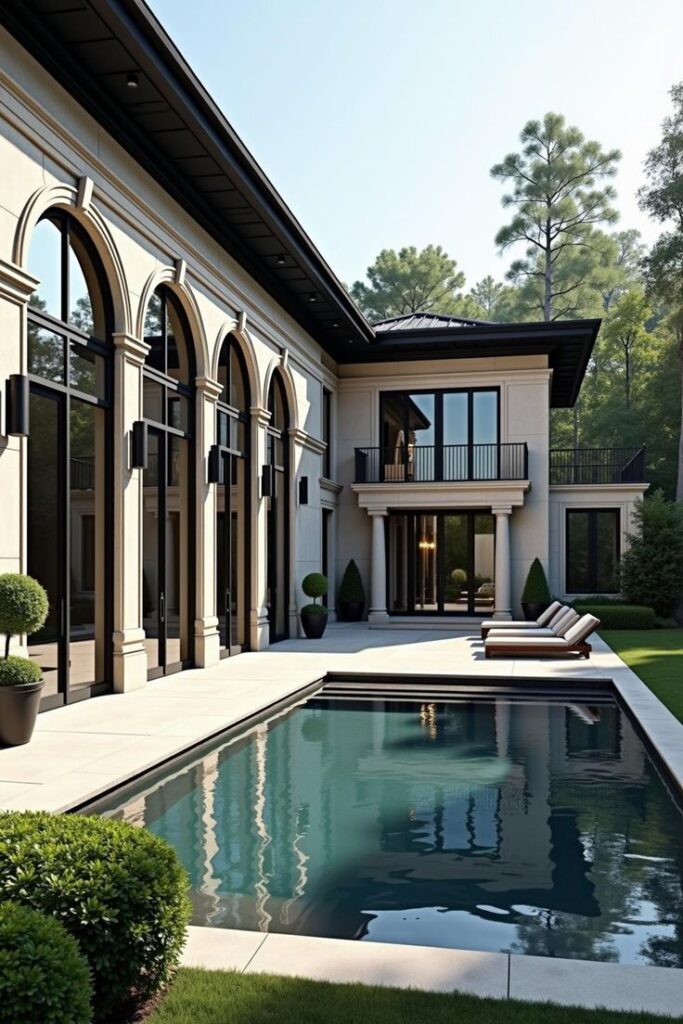 Luxurious modern mansion with arched windows and a pristine pool surrounded by lush greenery.