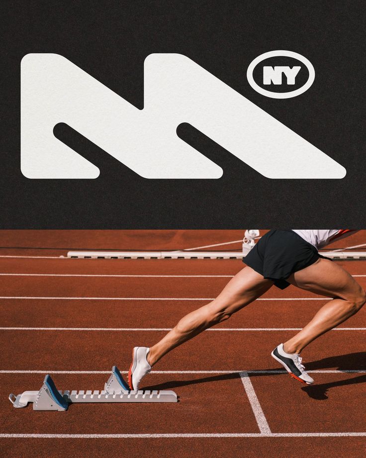 Athlete sprinting on a track with starting blocks, dynamic motion captured against a bold NY-themed graphic background.