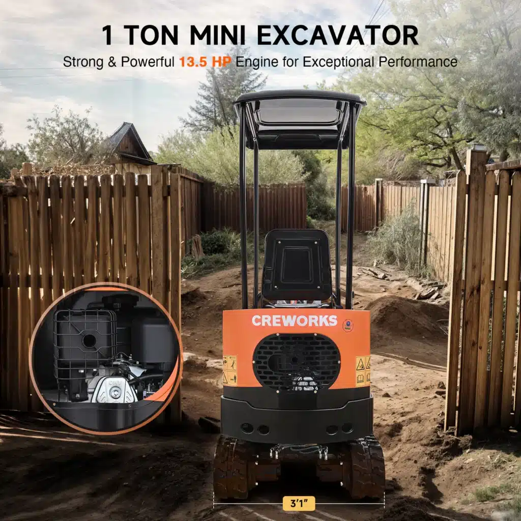 Mini excavator with 13.5 HP engine for optimal performance between wooden fences in a garden setting.