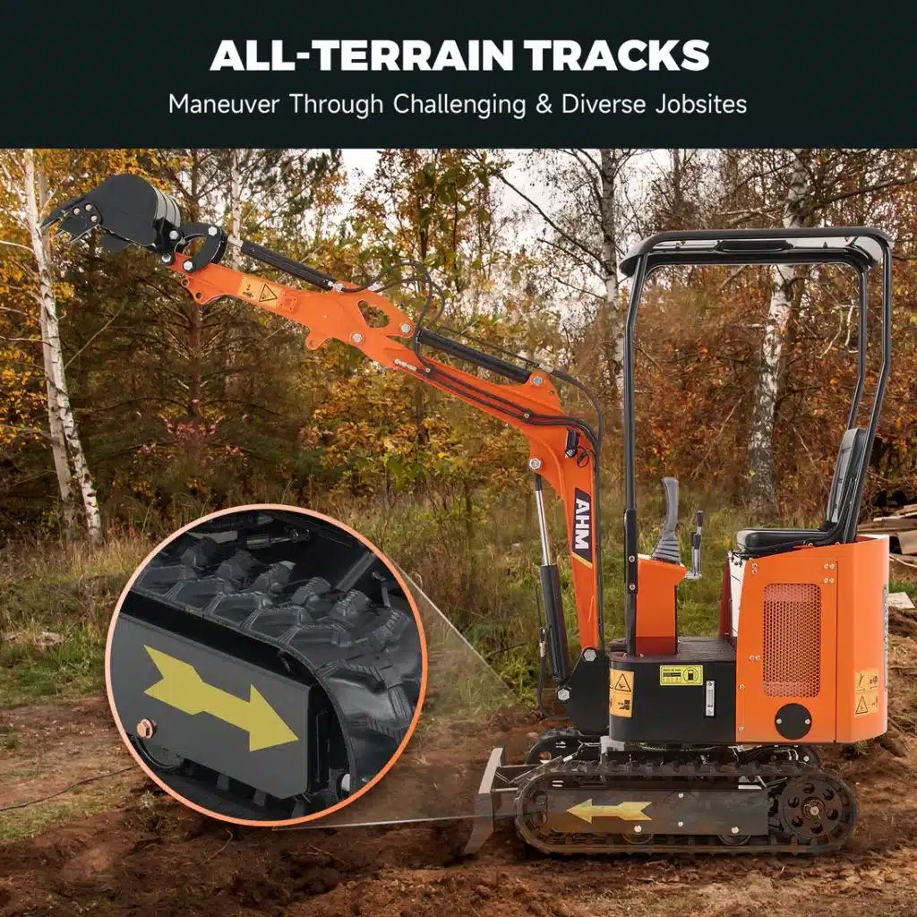 Orange mini excavator with all-terrain tracks in a forest, highlighting its performance in diverse job sites.