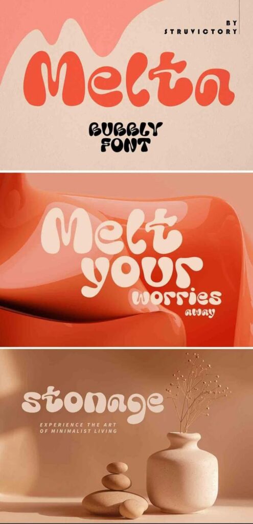 Playful Melta bubbly font design; pastel-themed minimalist living with stones and vase decor.