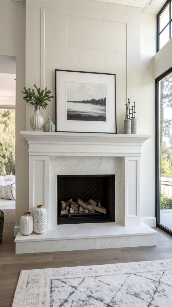 Elegant white fireplace with modern decor and artwork in bright living room with large windows.