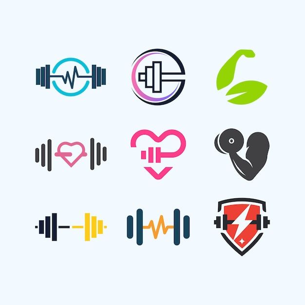 Various colorful fitness logos featuring dumbbells, heart and muscle designs, symbolizing strength and health.