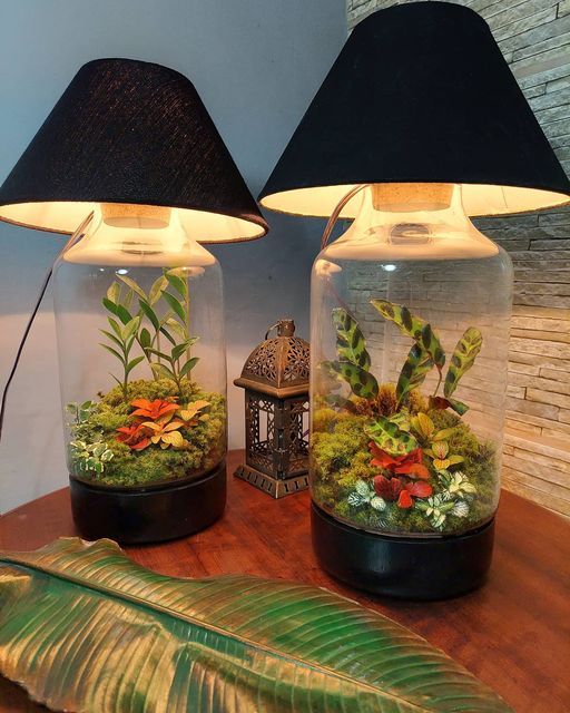 Two terrarium lamps with plants on a wooden table, complemented by a decorative lantern and a large leaf.