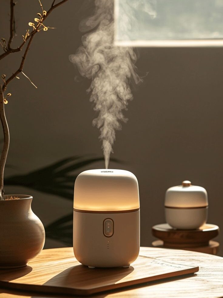 5cc1adf061b281f1704246ed80687130 Minimalist diffuser emitting steam on a wooden table, with natural light and plants creating a serene ambiance. | Sky Rye Design Minimalist diffuser emitting steam on a wooden table, with natural light and plants creating a serene ambiance.