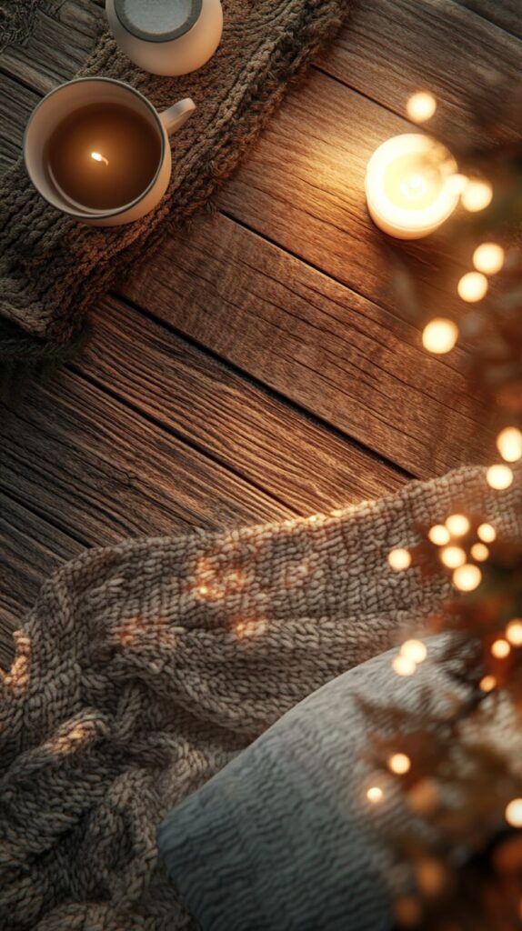 Cozy scene with knitted blanket, lit candle, and warm drink on wooden floor, creating a comforting autumn vibe.