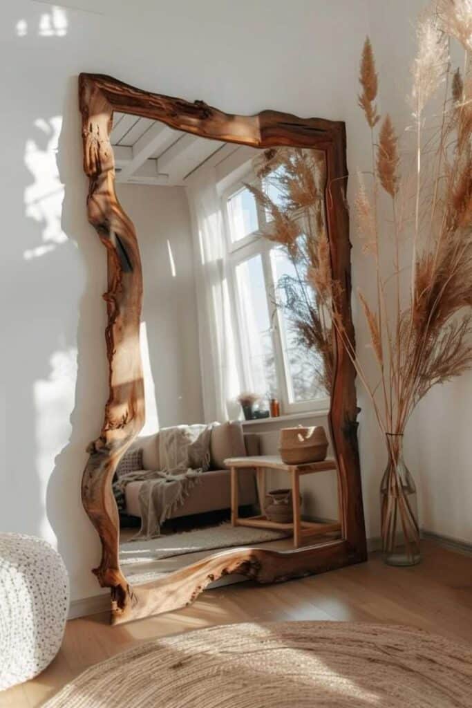 5d3fc7b381f3dad658f51de56fd39a52 Large rustic wood-framed mirror reflecting cozy living room with natural decor and warm sunlight. | Sky Rye Design Large rustic wood-framed mirror reflecting cozy living room with natural decor and warm sunlight.
