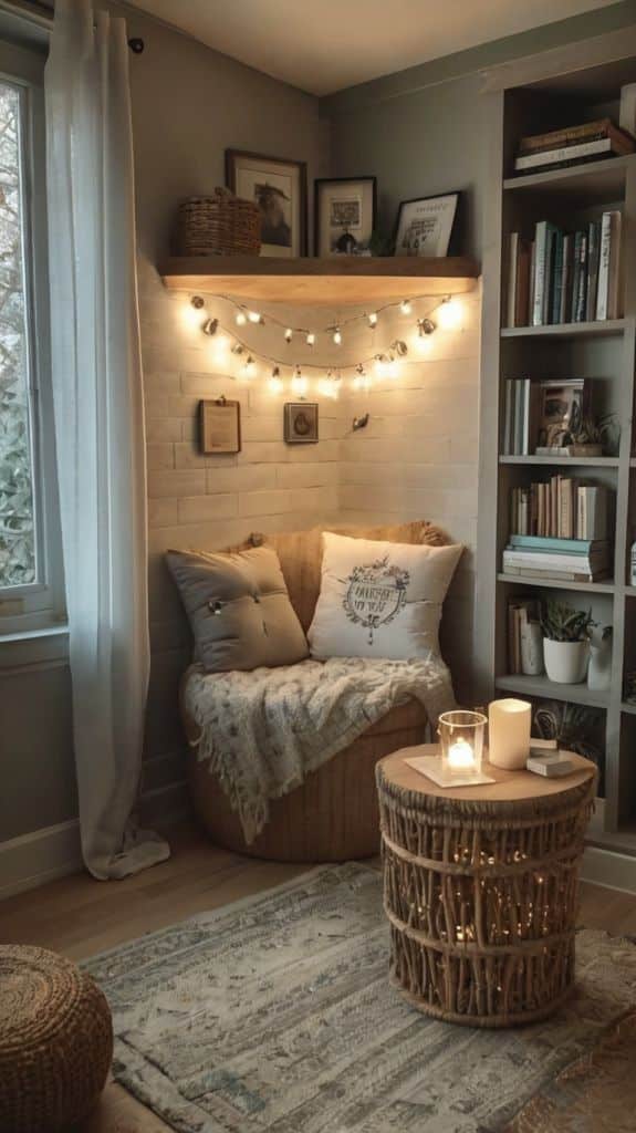 Cozy reading nook with string lights, books, and candles in a softly lit room with a comfortable chair and blankets.