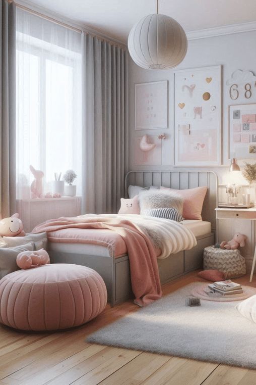 5df560e9-a1b1-47d9-8497-19bf5a104718 Cozy pink-themed children's bedroom with soft lighting, plush toys, and decorative wall art. | Sky Rye Design Cozy pink-themed children's bedroom with soft lighting, plush toys, and decorative wall art.