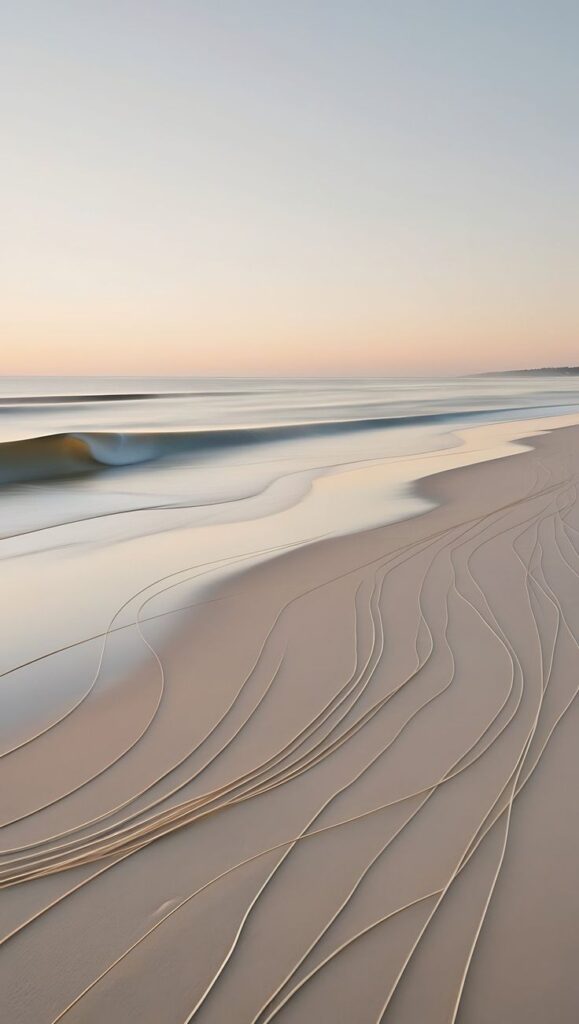 Serene beach at sunrise with gentle waves and elegant sand patterns, creating a tranquil ocean landscape.