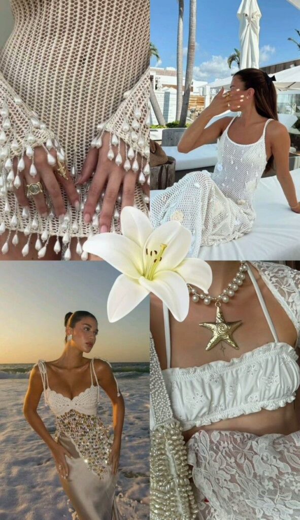 Fashion collab: Models in beachwear with pearl, lace details, and star pendant, styled with a white lily accent.