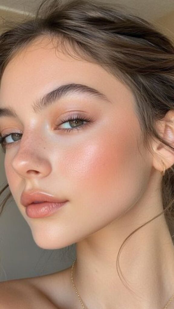 Close-up of a young woman with glowing skin and natural makeup, showcasing a fresh, radiant look.