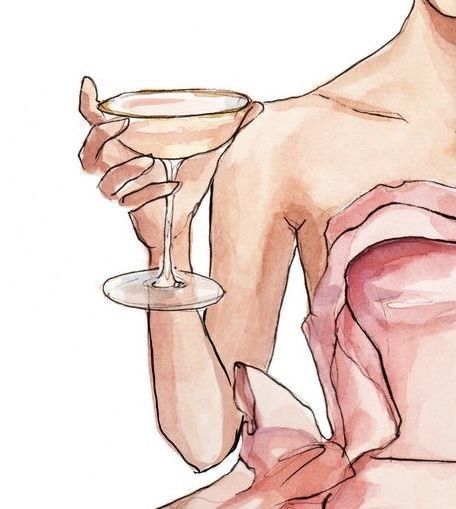 Fashion illustration of a person in a pink dress holding a champagne glass, showcasing elegant style and sophistication.