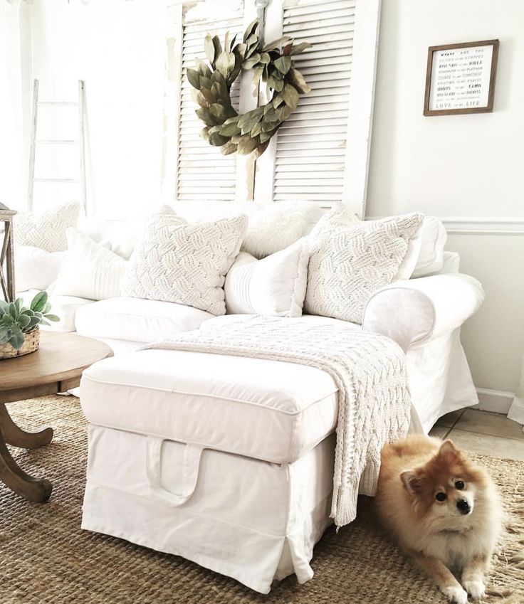 Cozy living room with white couch, textured pillows, greenery wreath, and a fluffy dog on a woven rug.