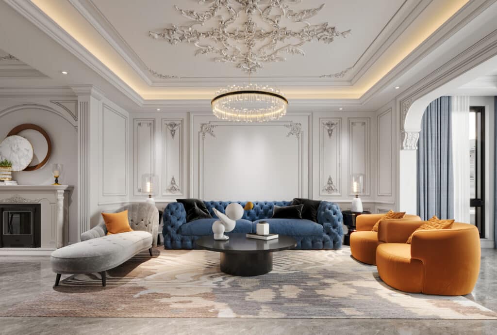 3d render of luxury home living room Elegant living room with blue sofa, orange chairs, intricate ceiling, and cozy fireplace, exuding luxury and style. | Sky Rye Design Elegant living room with blue sofa, orange chairs, intricate ceiling, and cozy fireplace, exuding luxury and style.