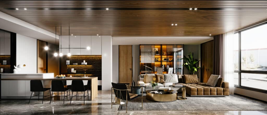 Modern open-plan living room with wood accents, sleek kitchen, cozy seating, large windows, and sophisticated lighting.