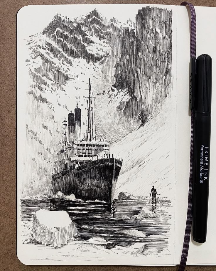 Pen sketch of a ship navigating icy waters with rugged mountain backdrop, capturing a lone figure nearby. Marker beside sketch.