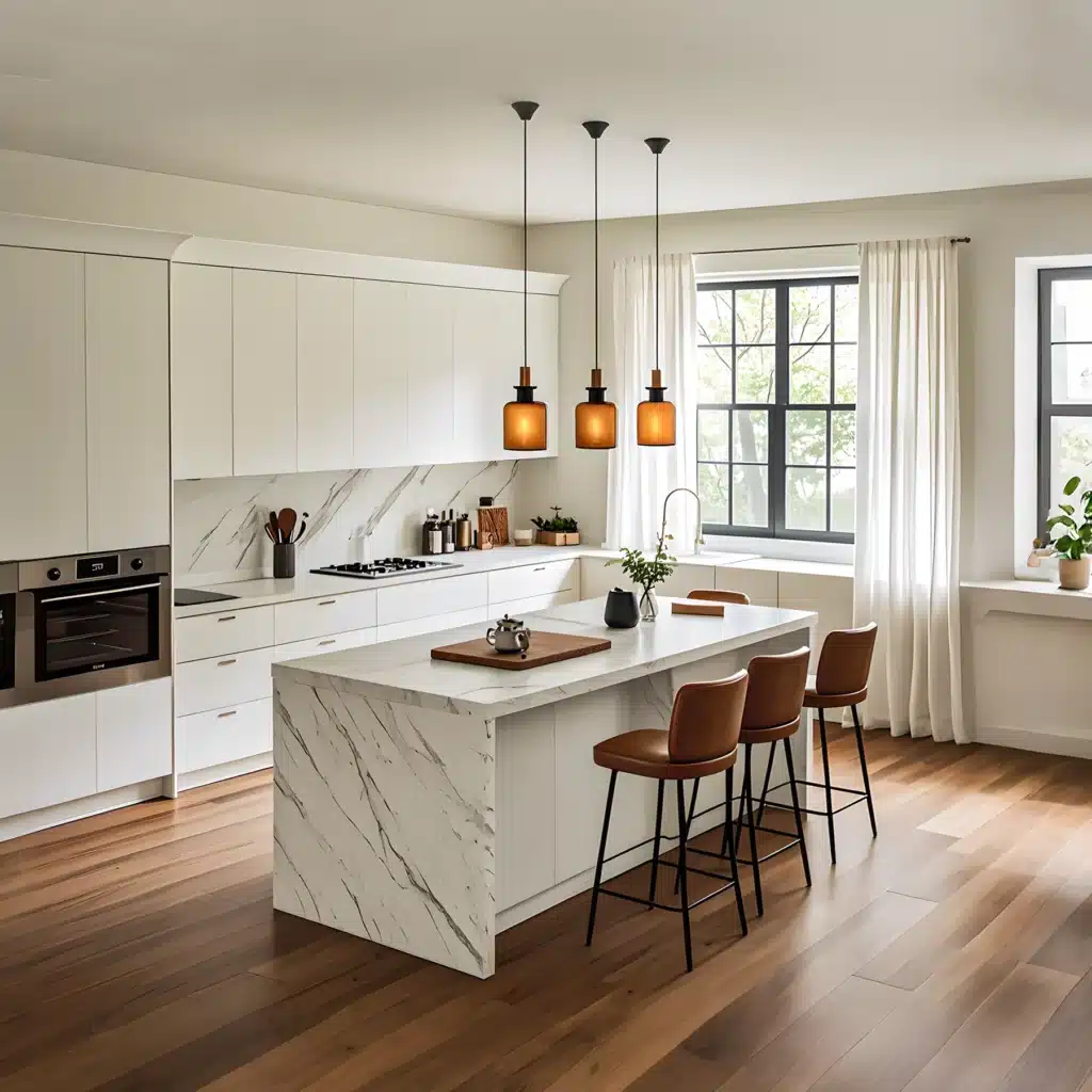 Modern kitchen with marble island, brown stools, hanging lights, and large windows.