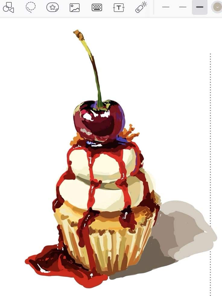 Illustration of a cupcake topped with cream, cherry, and red syrup on a white background.