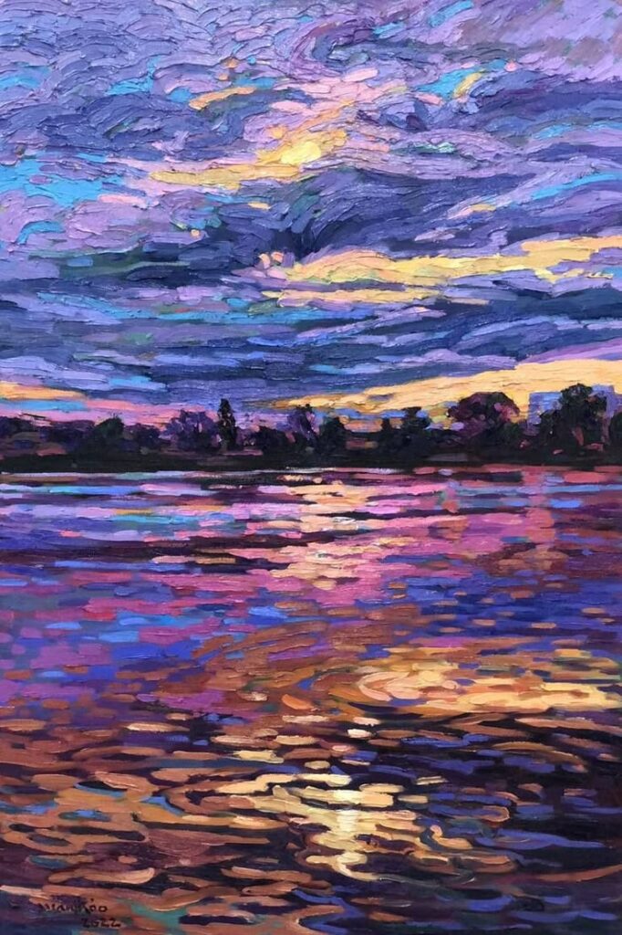655af58d5a017a77fc028ad0c28152bf Vibrant impressionist painting of a sunset over water with colorful reflections and dynamic cloud patterns in the sky. | Sky Rye Design Vibrant impressionist painting of a sunset over water with colorful reflections and dynamic cloud patterns in the sky.