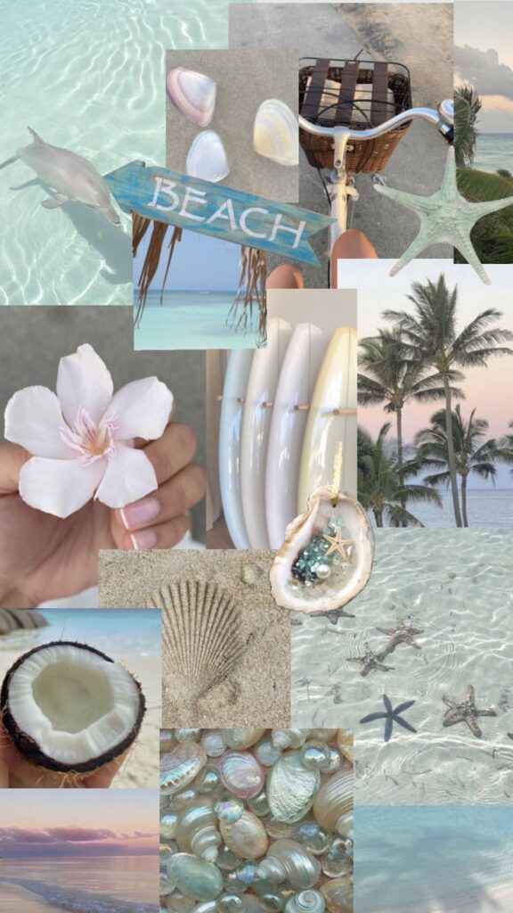 Beach collage with seashells, sand, starfish, coconut, surfboards, and a bicycle. Relaxing coastal vibes.