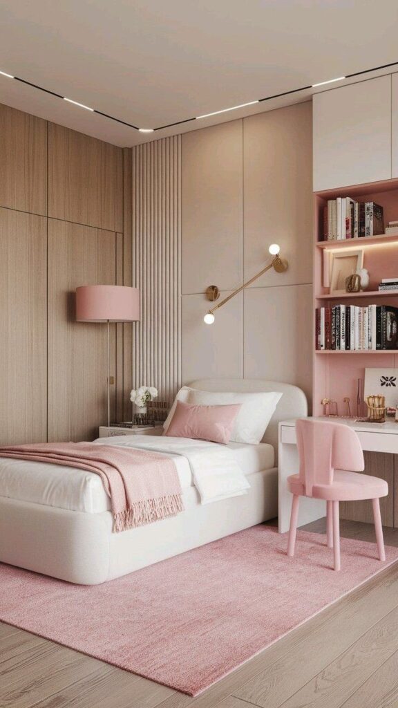 Modern bedroom with soft pink accents, featuring a cozy bed, chic chair, bookshelves, and stylish lighting.