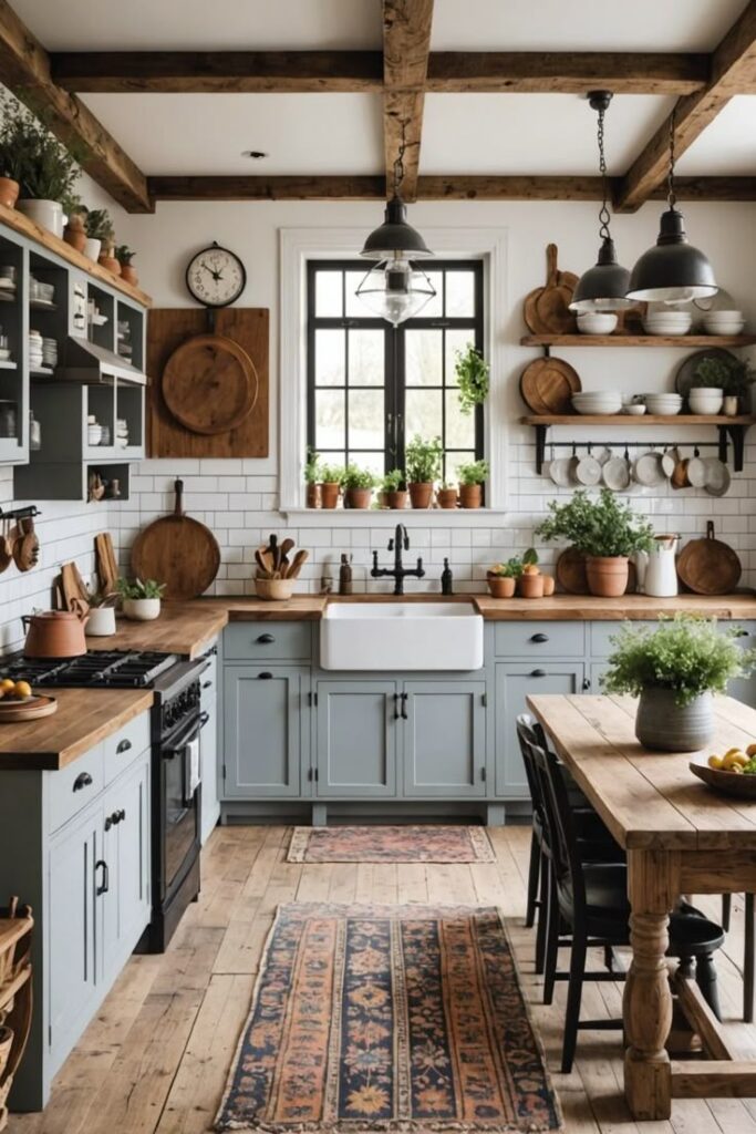 Rustic farmhouse kitchen with wooden beams, blue cabinets, and potted plants on shelves. Cozy and inviting atmosphere.