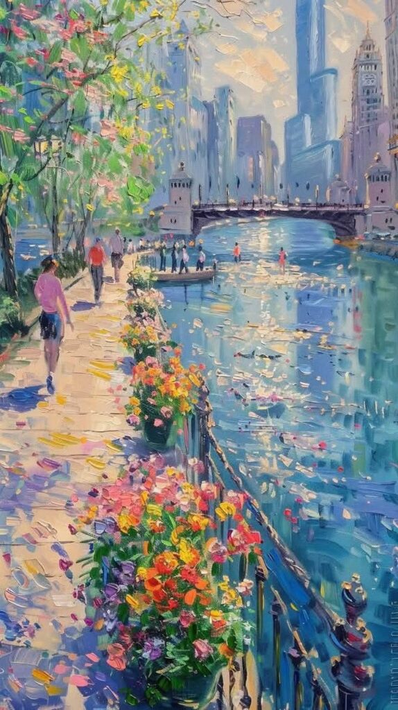 66ee8b55c4a20caa61cd1d7630692f96 Impressionist painting of a vibrant cityscape with a riverside path, flowers, and people walking under a sunlit skyline. | Sky Rye Design Impressionist painting of a vibrant cityscape with a riverside path, flowers, and people walking under a sunlit skyline.
