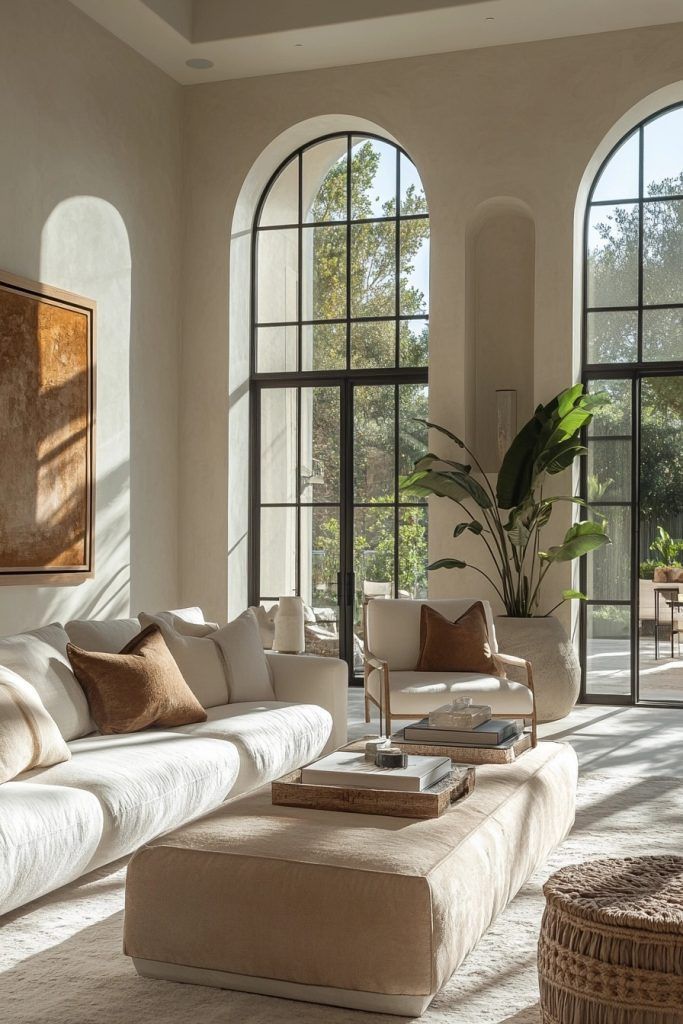Luxurious living room with large windows, elegant beige furniture, white sofa, and potted plant.