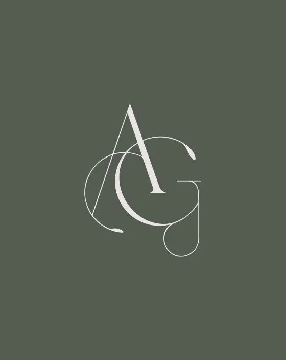 Elegant logo design featuring interlocking letters 'A' and 'G' on a dark green background.