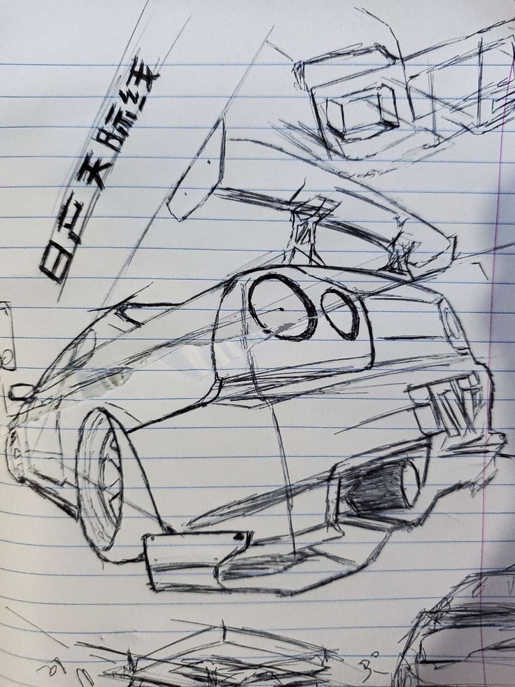 Sketch of a custom sports car design on lined paper with Japanese text.