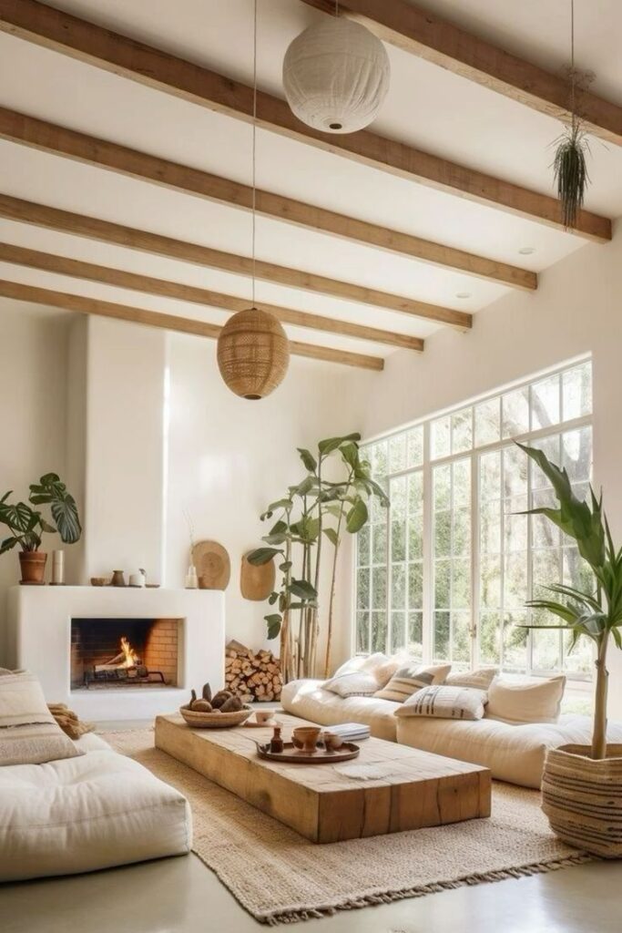 Cozy minimalist living room with fireplace, wooden beams, large windows, and natural decor elements.