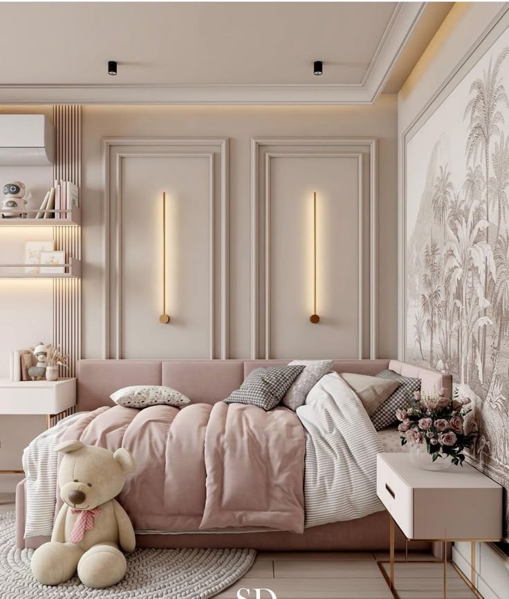 Stylish cozy bedroom with pink bedding, teddy bear, elegant lighting, and tropical wall art.