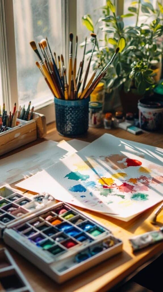 Artistic workspace with watercolor paints, brushes, and paper on a sunlit desk by a window.