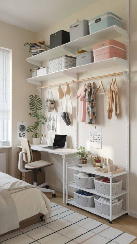 Modern bedroom with organized storage, desk, laptop, and hanging clothes, featuring light colors and natural lighting.