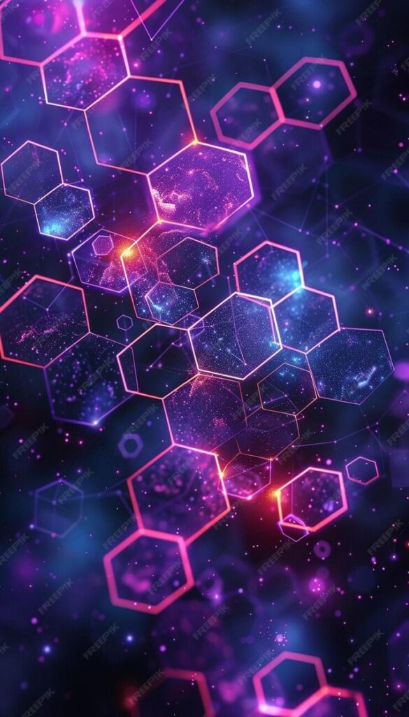 Abstract neon hexagons and galaxy background with glowing pink and blue hues. Futuristic digital design concept.