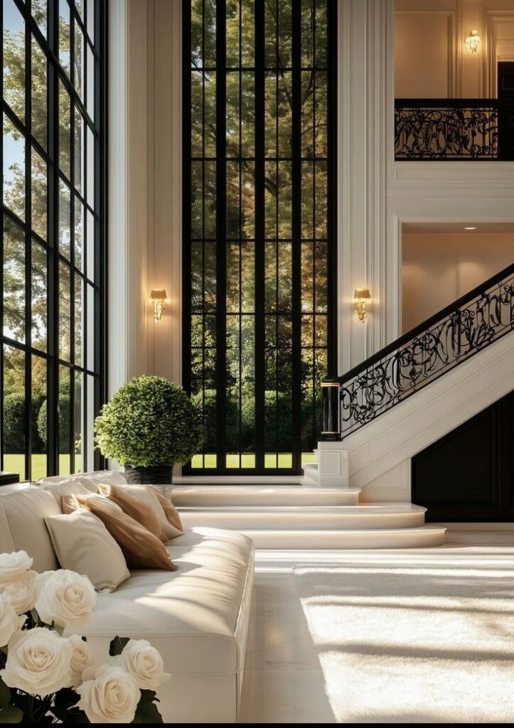 6baad78f-e1e2-4385-a776-1a7ce00a18ed Luxurious living room with large windows, white sofa, elegant staircase, and lush greenery outside. | Sky Rye Design Luxurious living room with large windows, white sofa, elegant staircase, and lush greenery outside.
