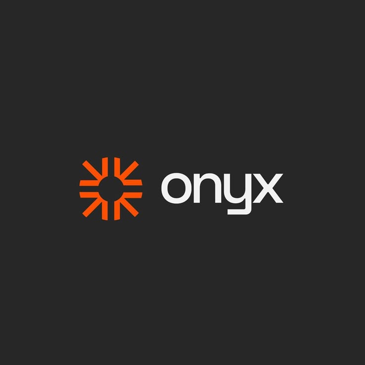 Orange and white onyx logo on a dark background, featuring a geometric orange symbol resembling a sunburst.