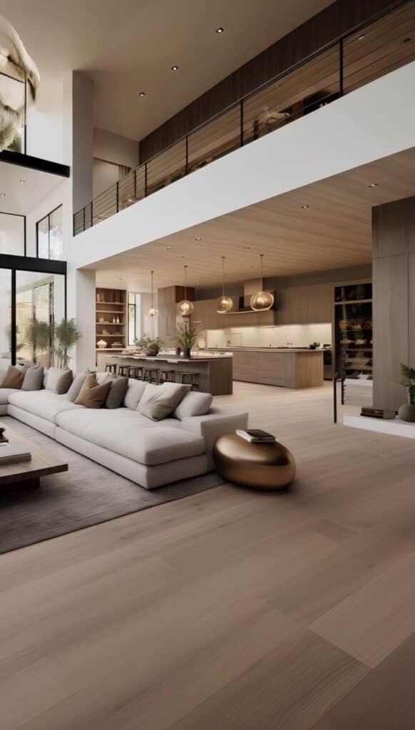 6d206b70-b264-4340-b7f7-40fd6022b40f Modern open-plan living room with cozy beige sofa, elegant kitchen, and stylish decor. Minimalist interior design. | Sky Rye Design Modern open-plan living room with cozy beige sofa, elegant kitchen, and stylish decor. Minimalist interior design.