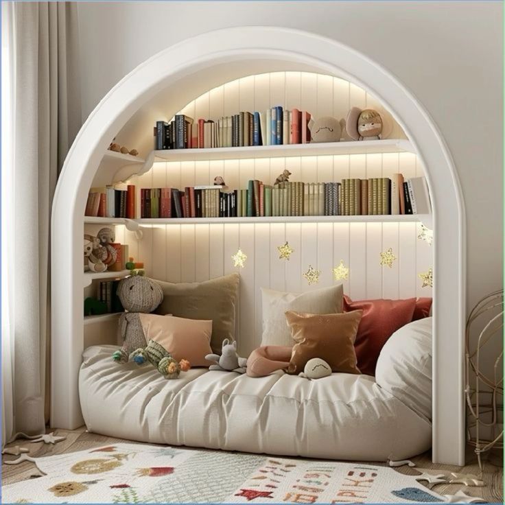 6e32af10-e390-4764-aec9-52359be542ca Cozy reading nook for kids with plush cushions, toys, bookshelves, and star lights creating a warm, inviting atmosphere. | Sky Rye Design Cozy reading nook for kids with plush cushions, toys, bookshelves, and star lights creating a warm, inviting atmosphere.
