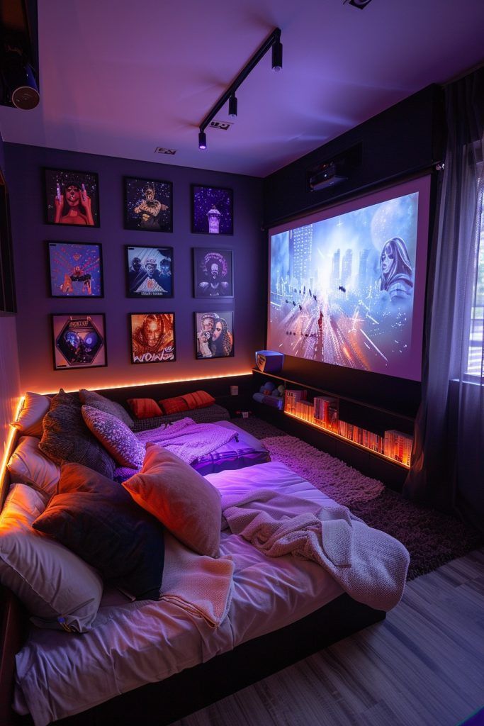Cozy home theater setup with soft lighting, comfy bedding, and colorful wall art around a large screen.