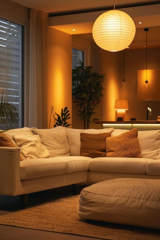 Stylish modern living room with cozy beige sofa, warm lighting, and decorative pillows.