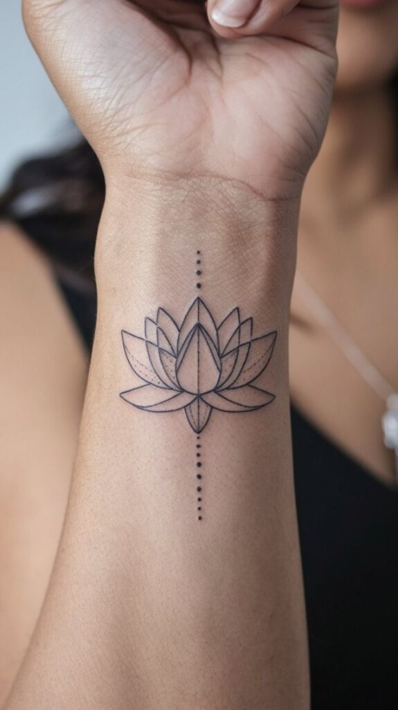 Minimalist lotus flower tattoo on wrist with dotted line detailing.